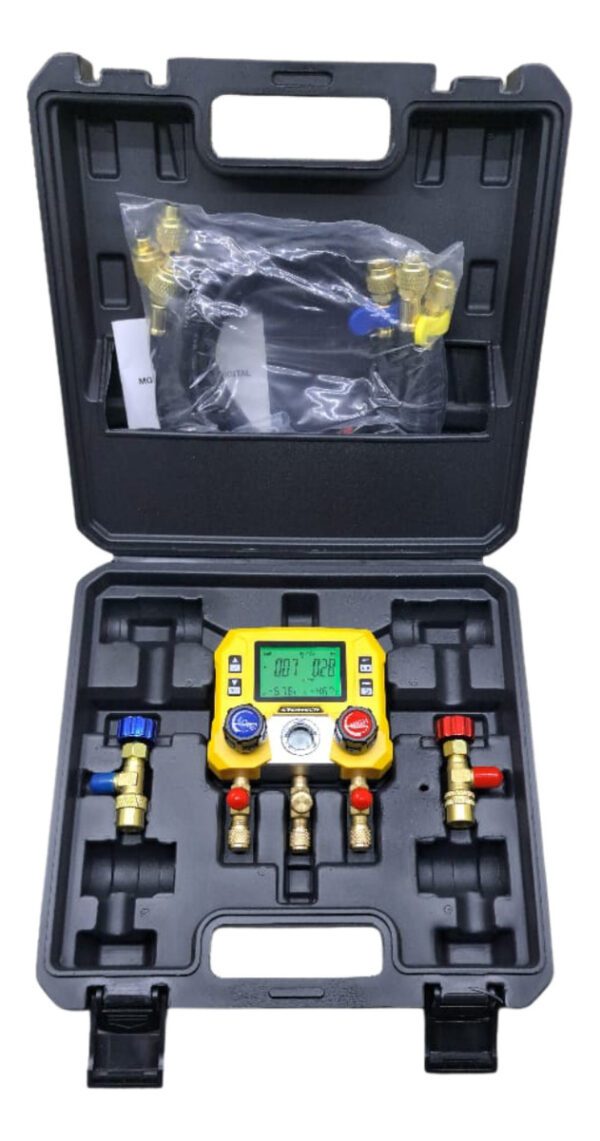 Manifold Digital Multi Gas R410 R22 R134 R32 Con acoples y mangueras 1.2 mt