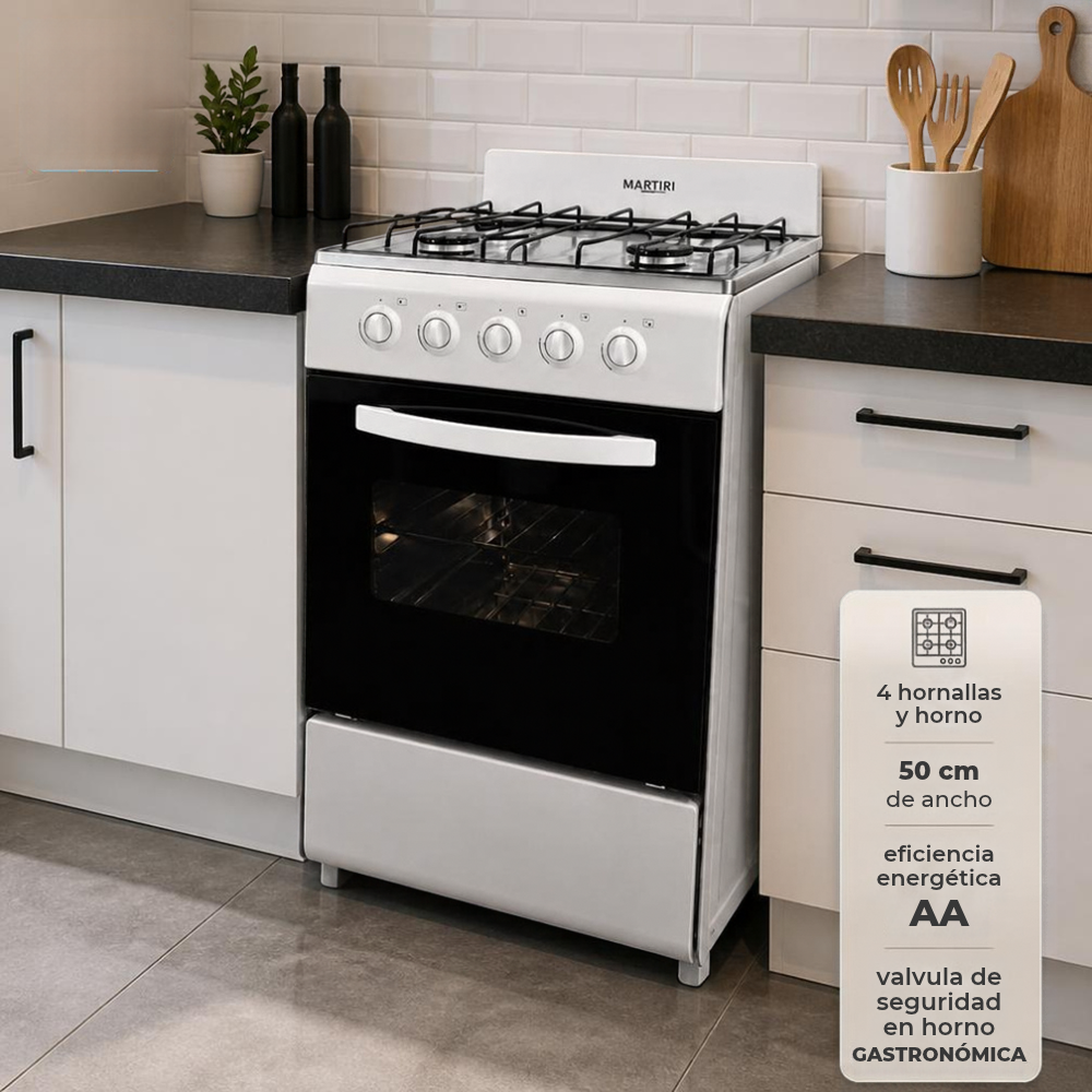 Cocina Martiri 3001 Blanca con Mesada Superior de Acero Inox – Gas Natural #3001-G