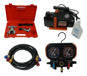 Kit para Refrigeración R32: Bomba de Vacío 70 L/min 1 Etapa con Vacuómetro + Manifold Dual con Mangueras + Kit de Pestañadora, Cortadora y Escariador